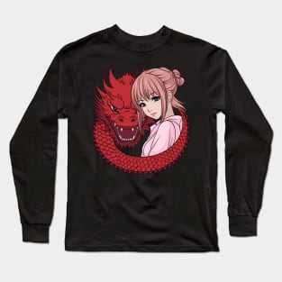 Anime Girl with Dragon Long Sleeve T-Shirt